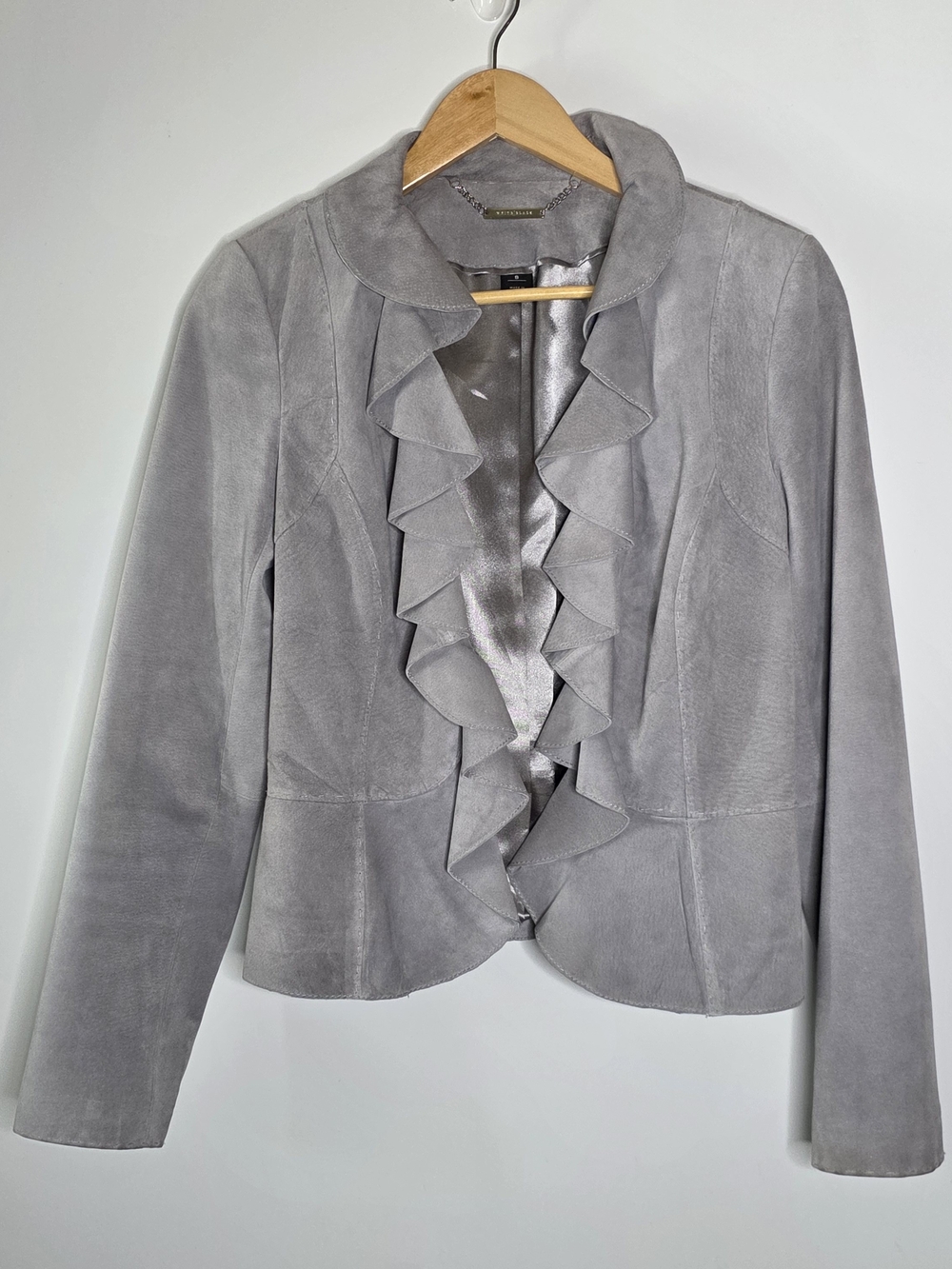 White house Black Market grey suede leather Ruffled front Jacket - Light Gray Sm